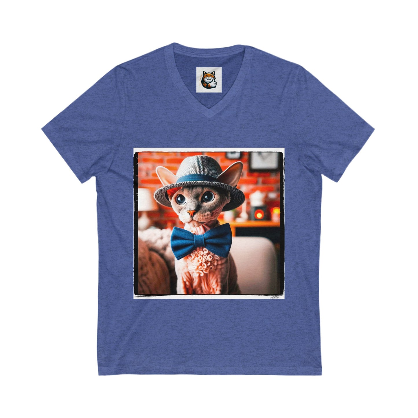 Devon Rex Cat hat and bow Jersey Short Sleeve V-Neck Tee