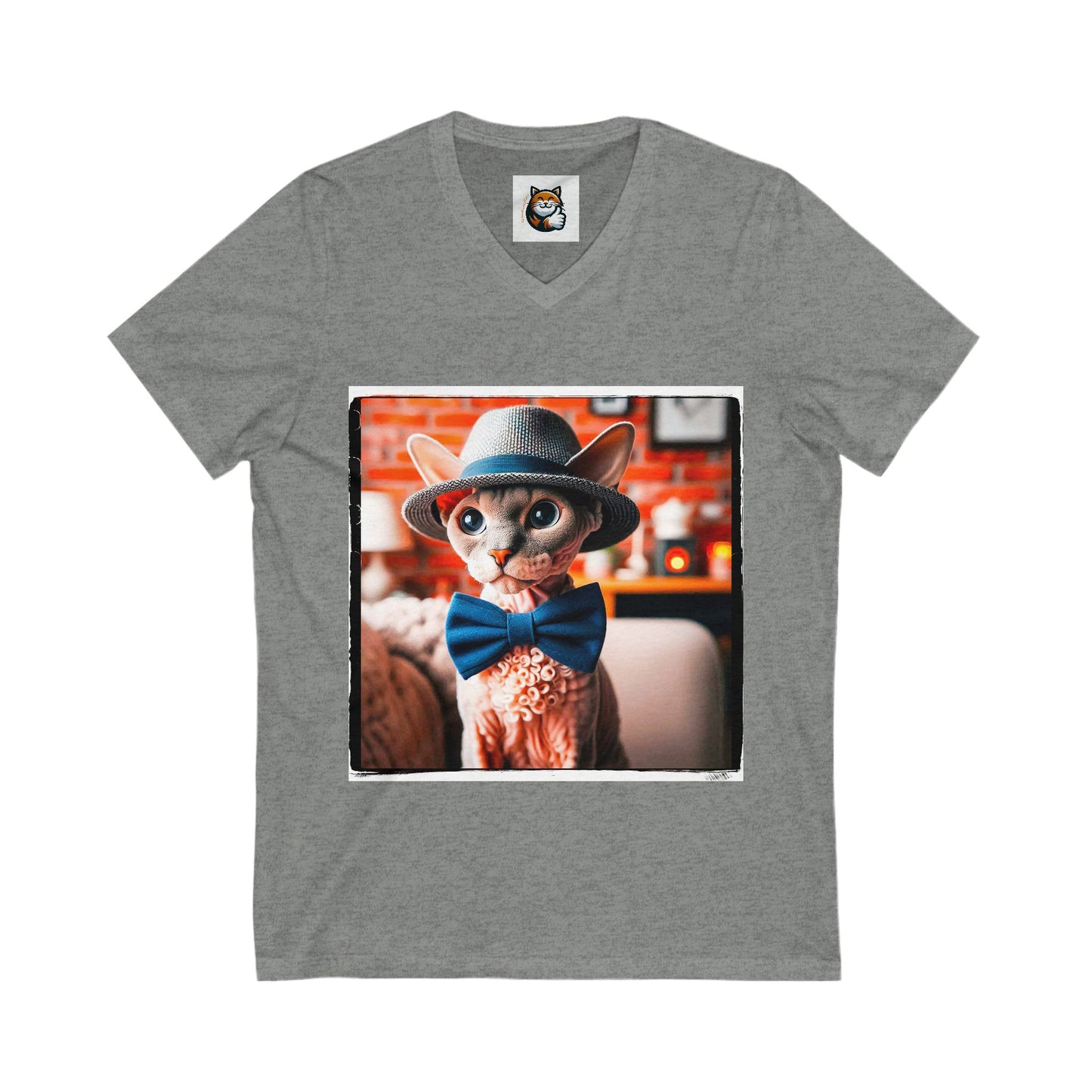 Devon Rex Cat hat and bow Jersey Short Sleeve V-Neck Tee