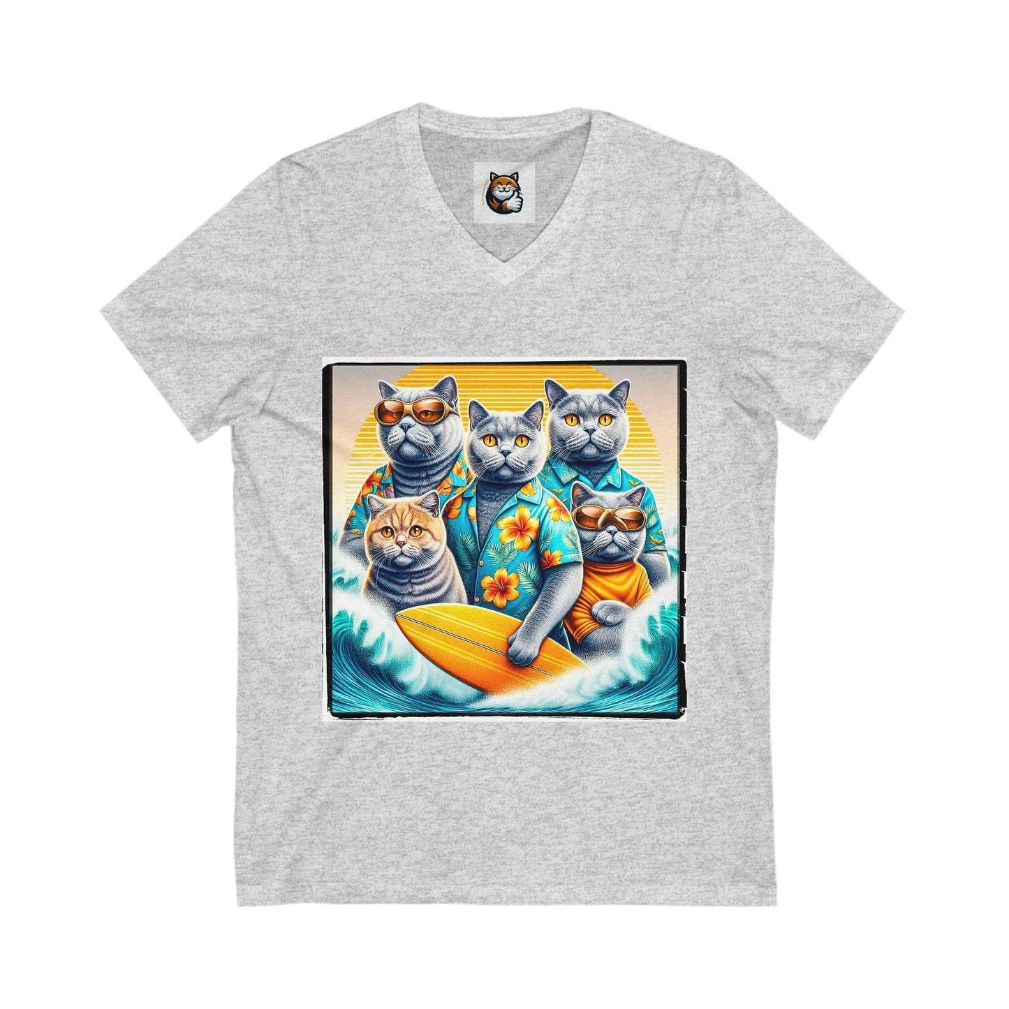 British Shorthair family surfers Jersey Short Sleeve V-Neck Tee