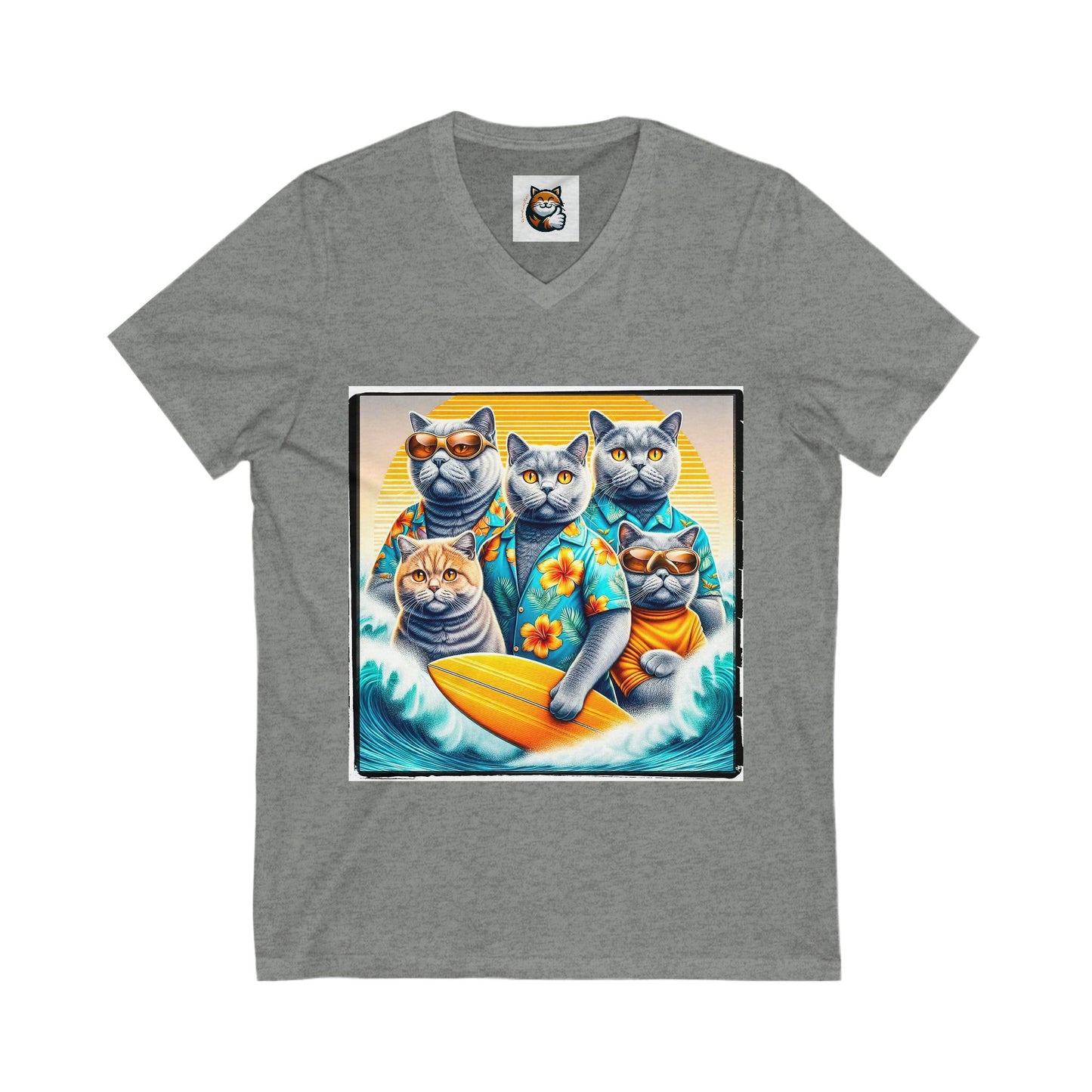 British Shorthair family surfers Jersey Short Sleeve V-Neck Tee