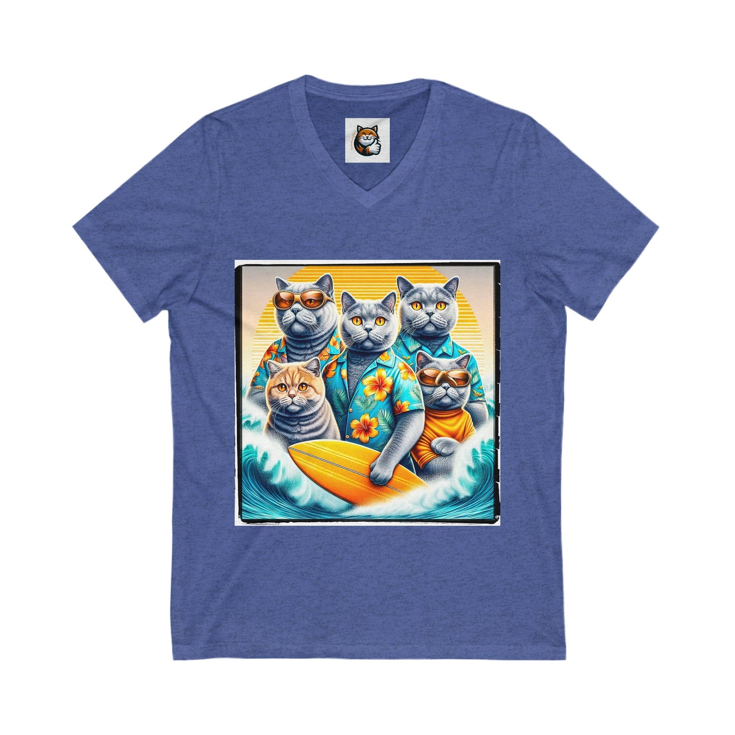 British Shorthair family surfers Jersey Short Sleeve V-Neck Tee