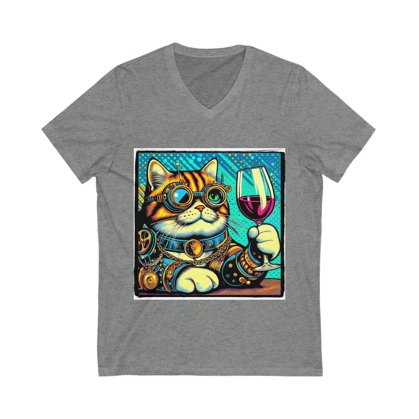 Domestic Cat steam punk and wine drinking V-Neck Tee