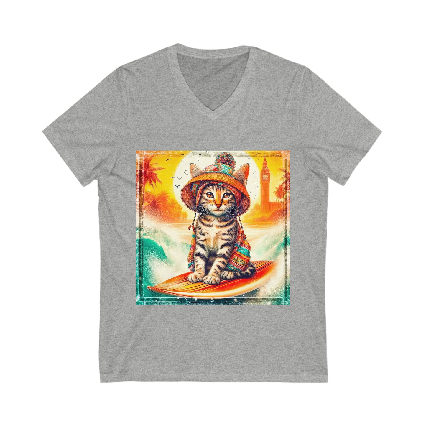 Domestic Cat surfer Sleeve V-Neck Tee
