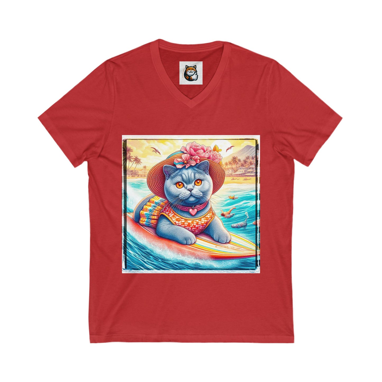 British Shorthair surfer Jersey Short Sleeve V-Neck Tee