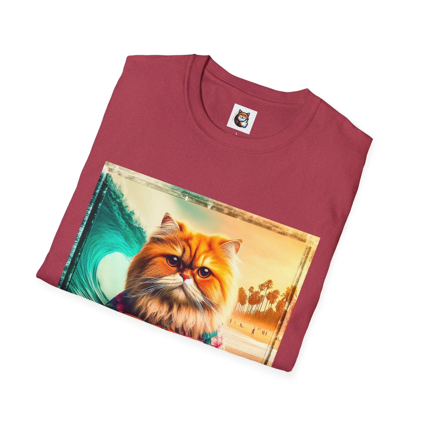 Persian Cat Surfboard Beach Print Unisex Softstyle T Shirt Cotton Blend Lightweight Comfort Fit