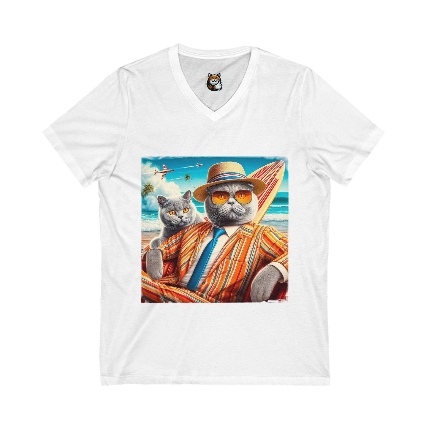 British Shorthair surfer cat Jersey Short Sleeve V-Neck Tee