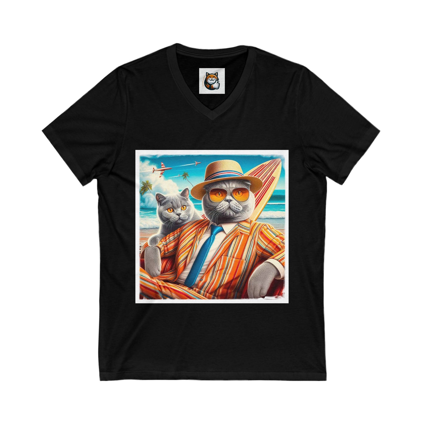 British Shorthair surfer cat Jersey Short Sleeve V-Neck Tee