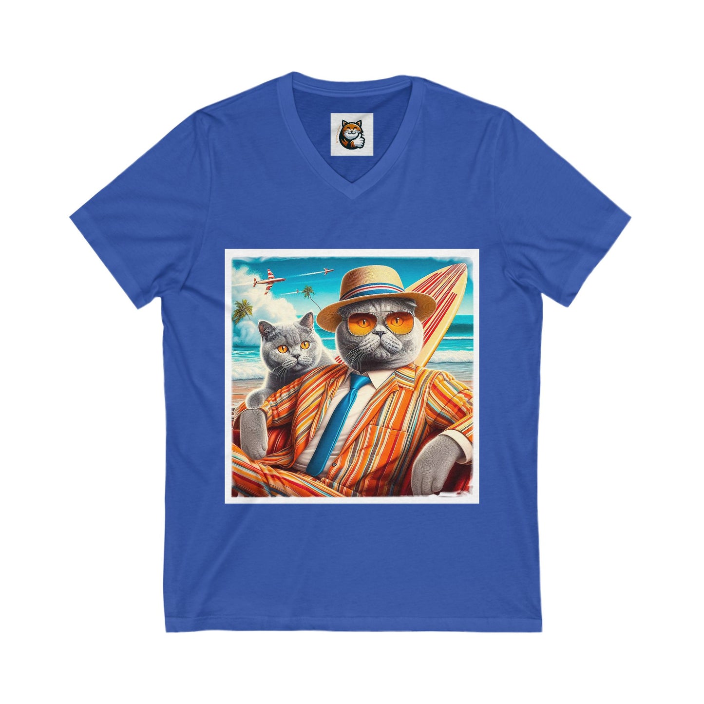 British Shorthair surfer cat Jersey Short Sleeve V-Neck Tee