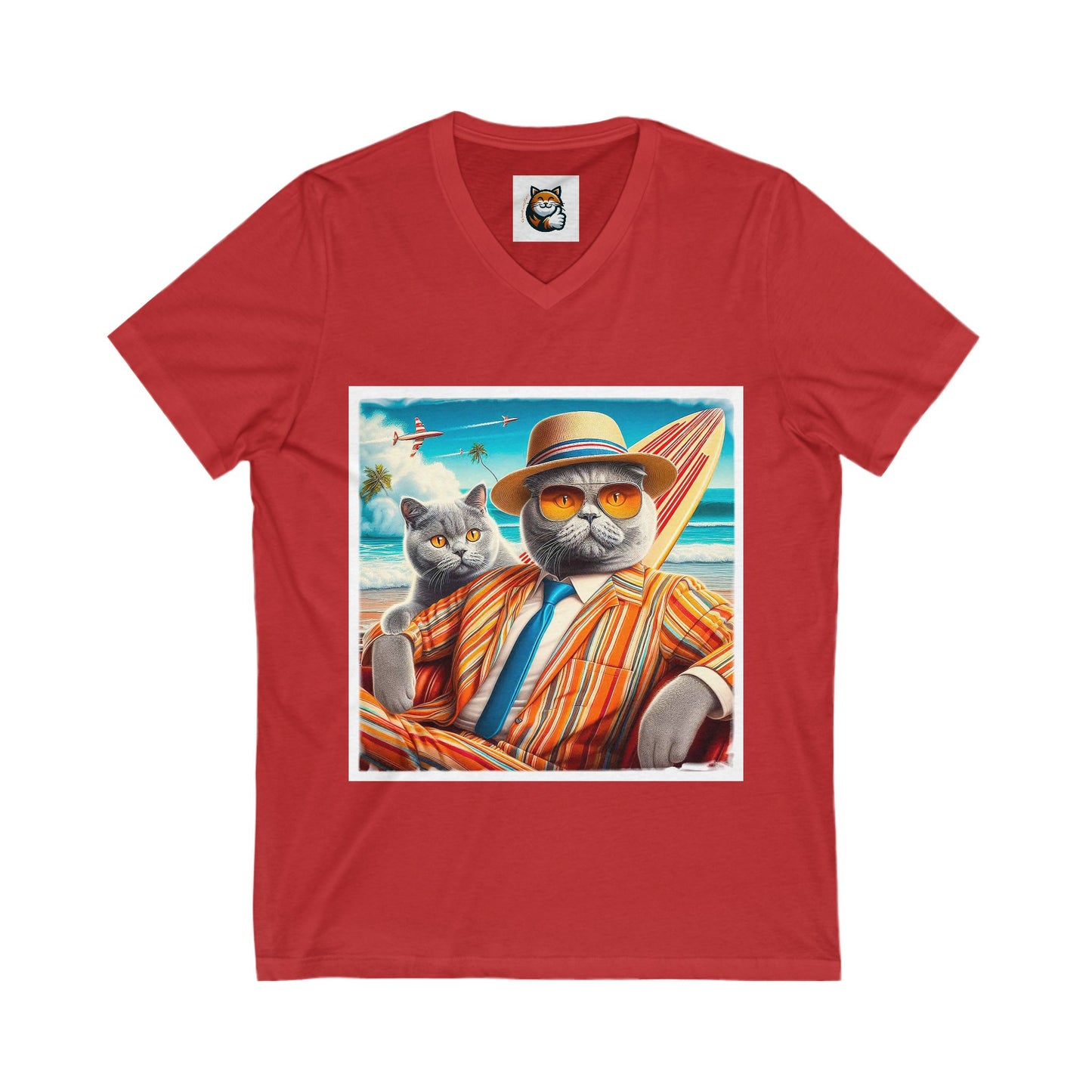 British Shorthair surfer cat Jersey Short Sleeve V-Neck Tee