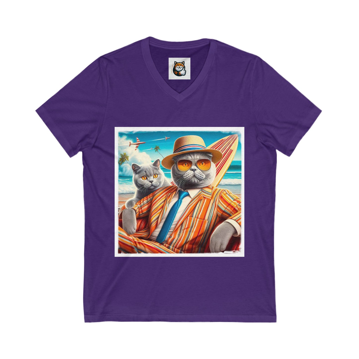 British Shorthair surfer cat Jersey Short Sleeve V-Neck Tee