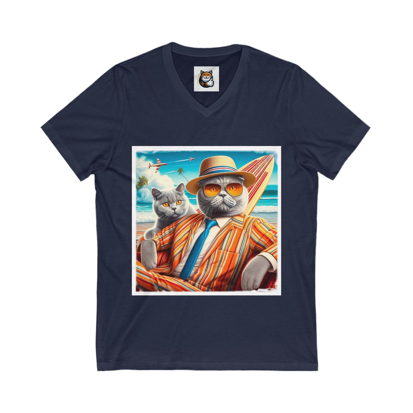 British Shorthair surfer cat Jersey Short Sleeve V-Neck Tee