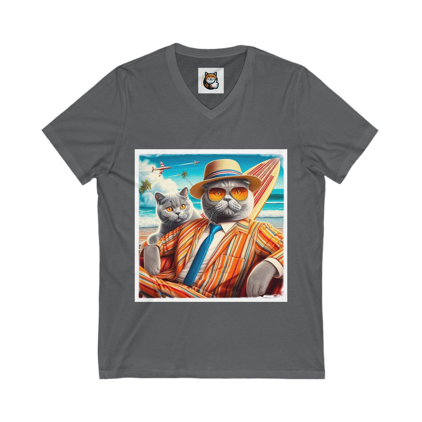 British Shorthair surfer cat Jersey Short Sleeve V-Neck Tee
