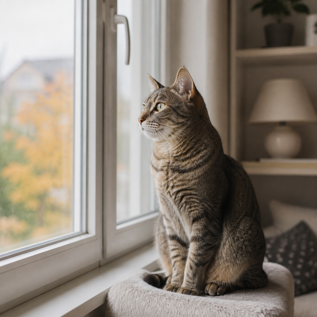 Cat waiting calmly by a window while home alone