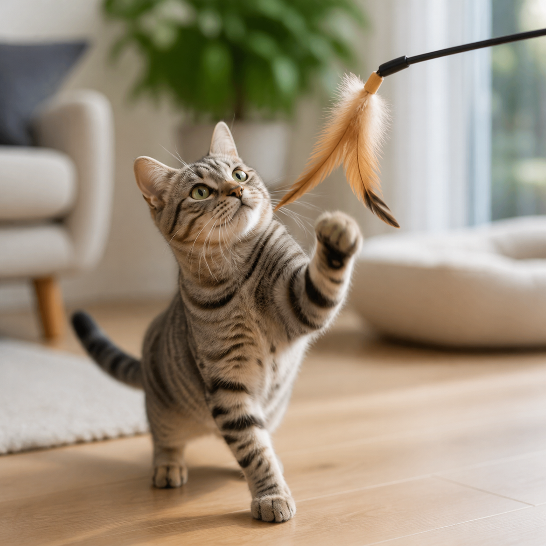 Indoor cat playing with a wand toy at home