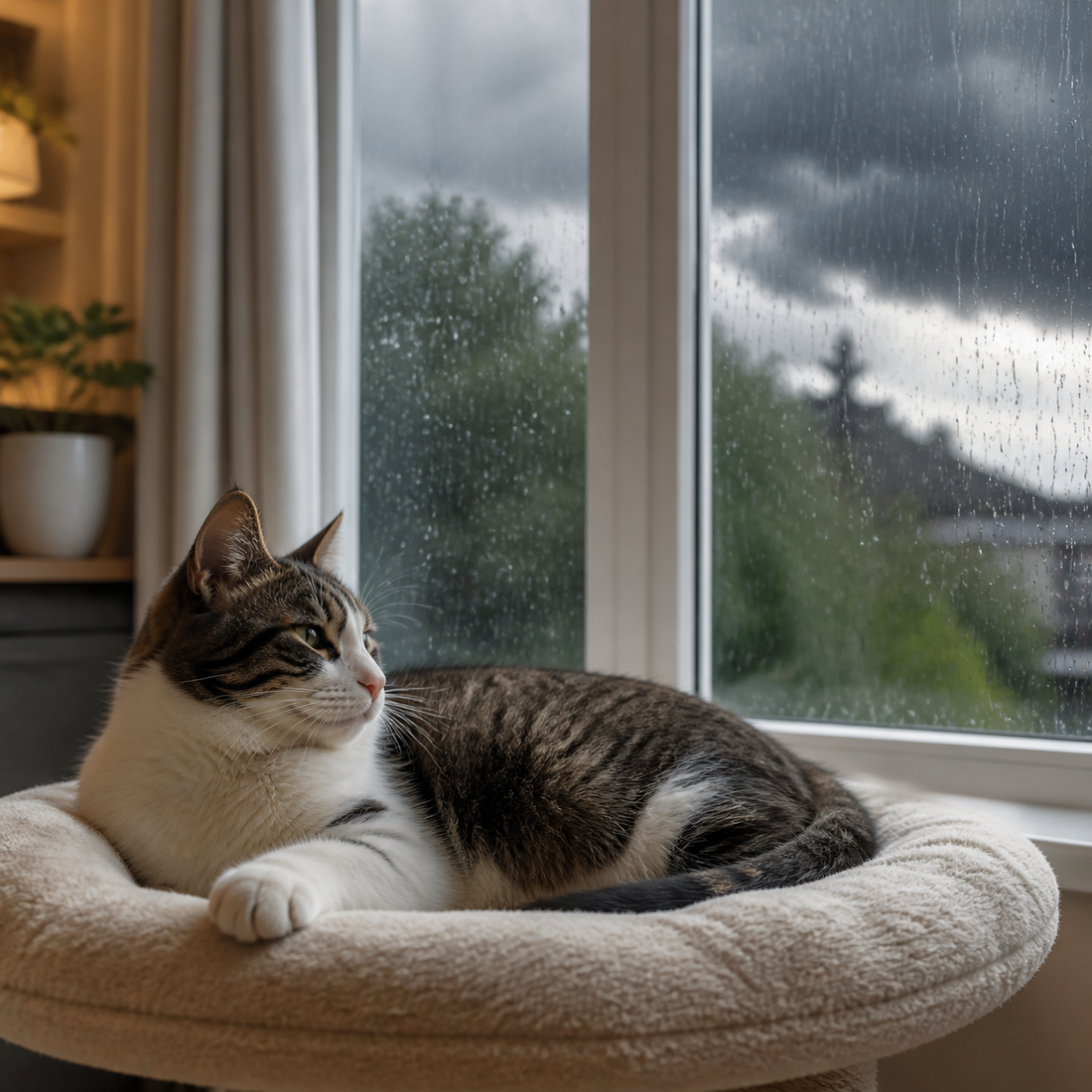 Cat resting in a secure room during a thunderstorm