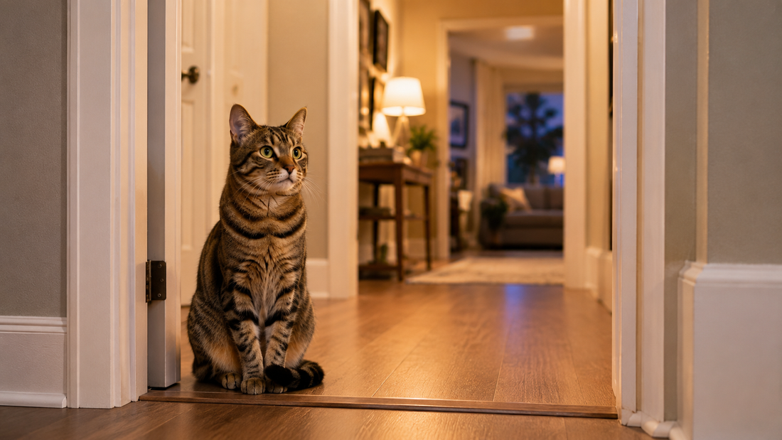 Calm tabby cat resting in a quiet softly lit hallway away from household activity