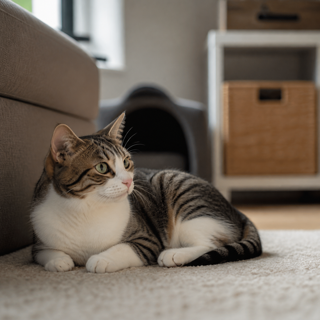 Scared cat relaxing in a quiet safe room