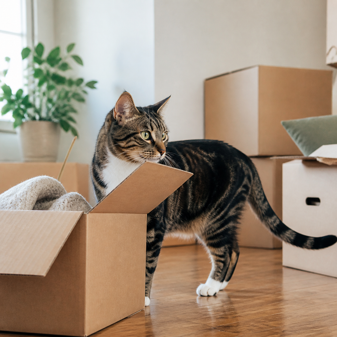 Cat exploring moving boxes in a calm new home