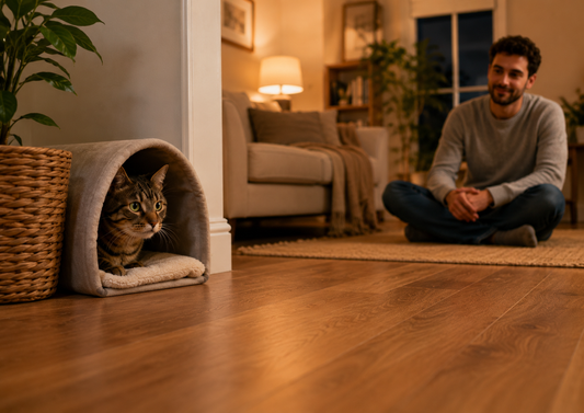Shy tabby cat resting in a covered bed while a calm visitor sits at a respectful distance
