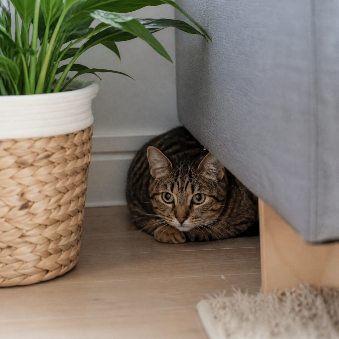 Stressed cat hiding in a quiet corner at home