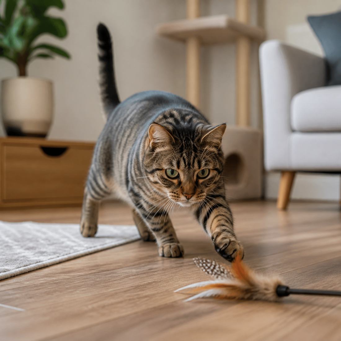 Indoor cat stalking and pouncing on a feather toy
