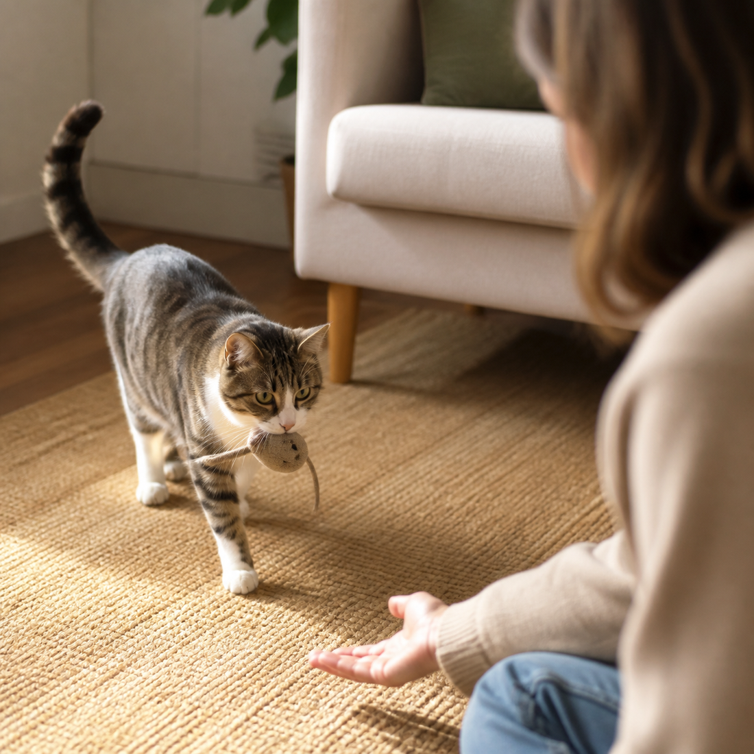 Cat carrying a toy and dropping it near a person