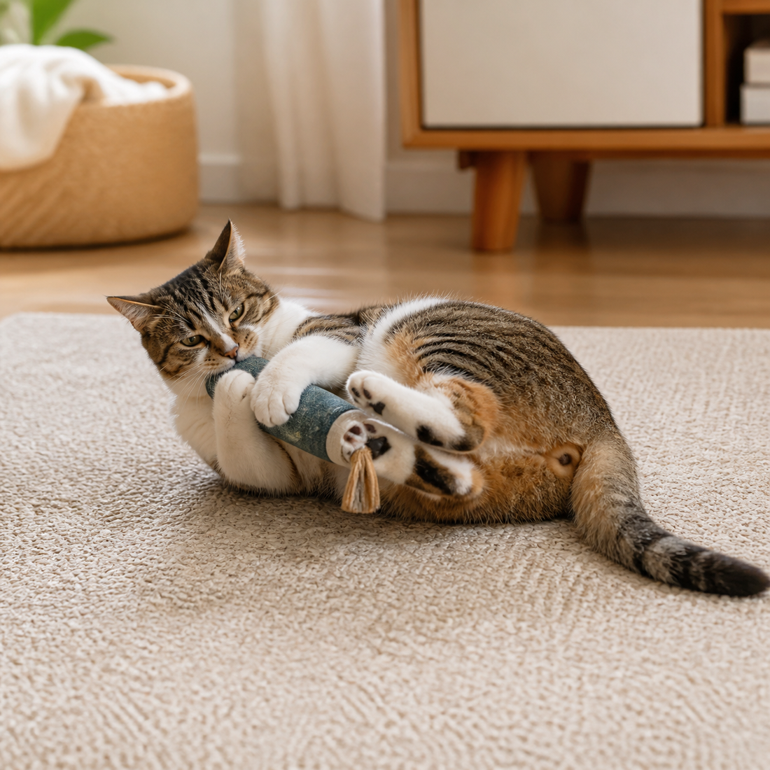 Cat holding a kicker toy and kicking with its back feet
