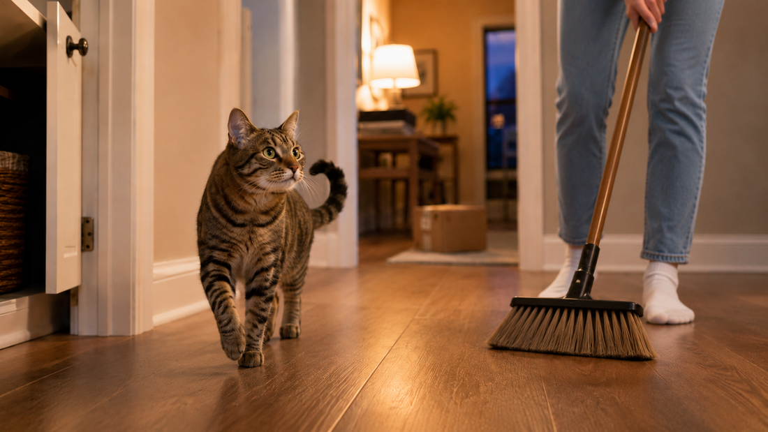 Tabby cat following a person sweeping a cozy home hallway