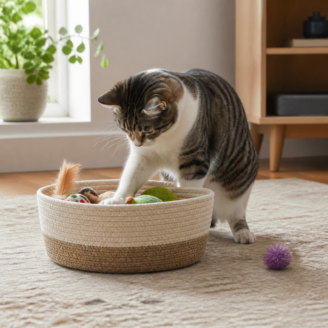 Curious cat rediscovering toys from a rotation basket