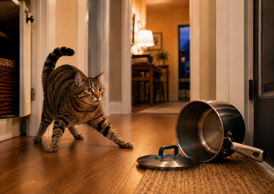 Startled tabby cat reacting to a fallen metal pot and sudden loud household noise