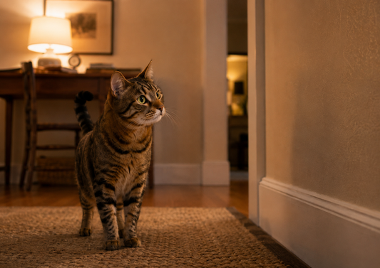 Alert tabby cat listening closely to a faint hidden sound inside a quiet home