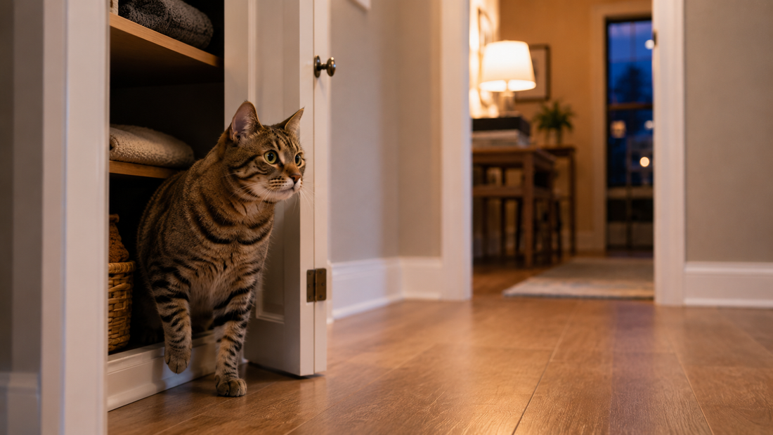 Cautious tabby cat peeking from a protected hallway hiding place when guests arrive