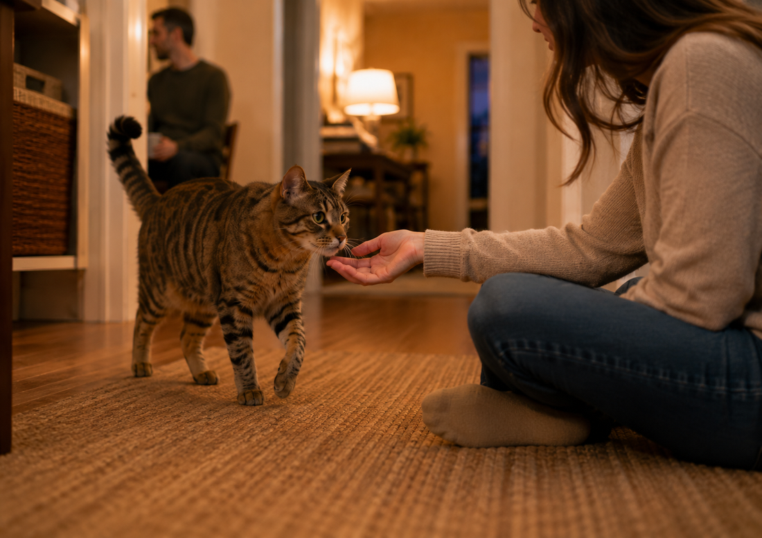 Tabby cat calmly approaching a relaxed visitor during a cozy evening at home
