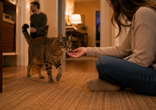 Tabby cat calmly approaching a relaxed visitor during a cozy evening at home