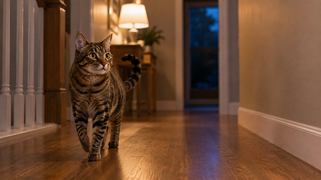 Tabby cat quietly patrolling a warmly lit hallway at night