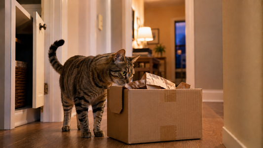 Curious tabby cat investigating a crinkly cardboard package in a cozy hallway