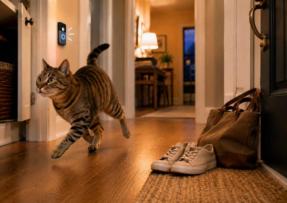 Startled tabby cat running away as a front doorbell rings