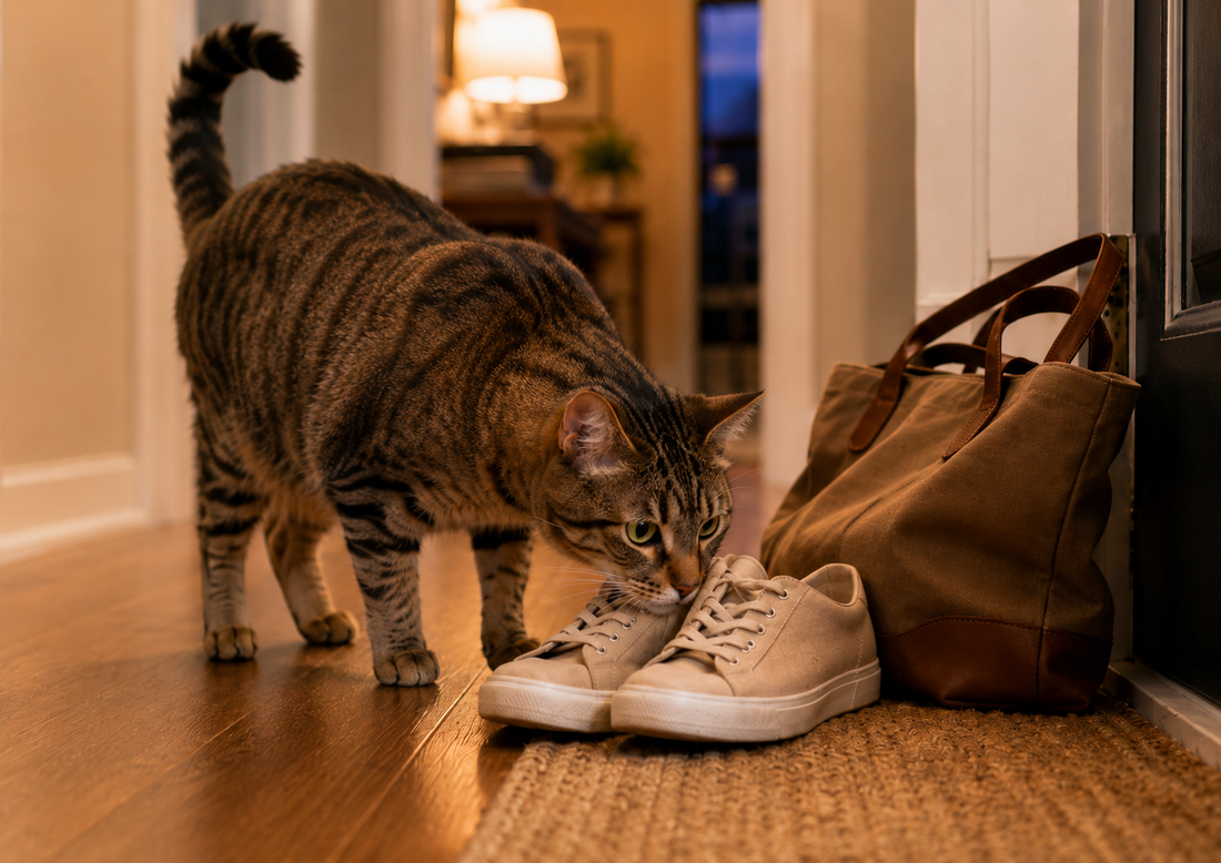 Curious tabby cat sniffing a guest's shoes and bag in a warm home entryway