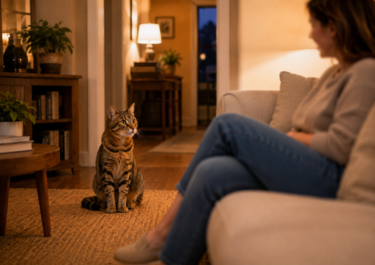 Alert tabby cat watching a visitor from across a softly lit living room