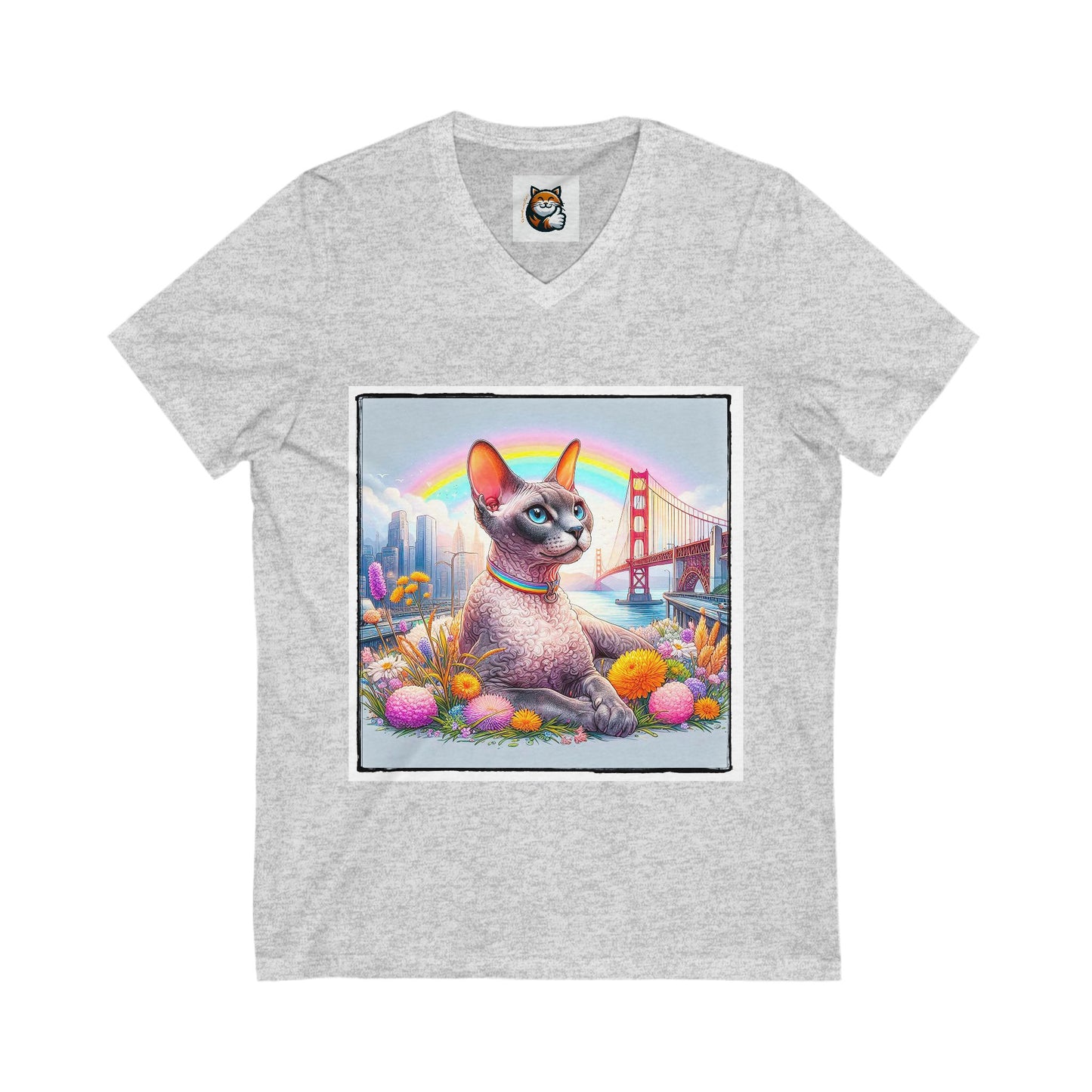 Devon Rex Cat rainbow  Jersey Short Sleeve V-Neck Tee