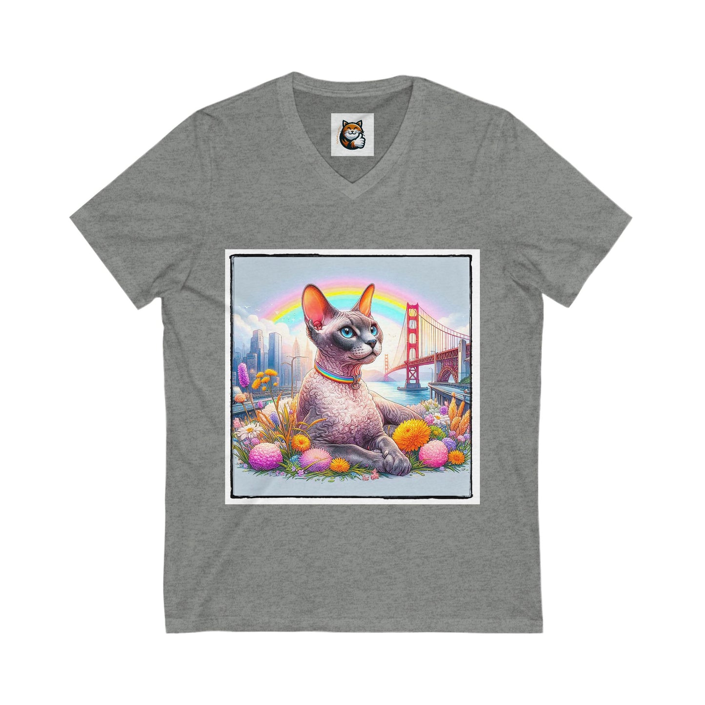 Devon Rex Cat rainbow  Jersey Short Sleeve V-Neck Tee
