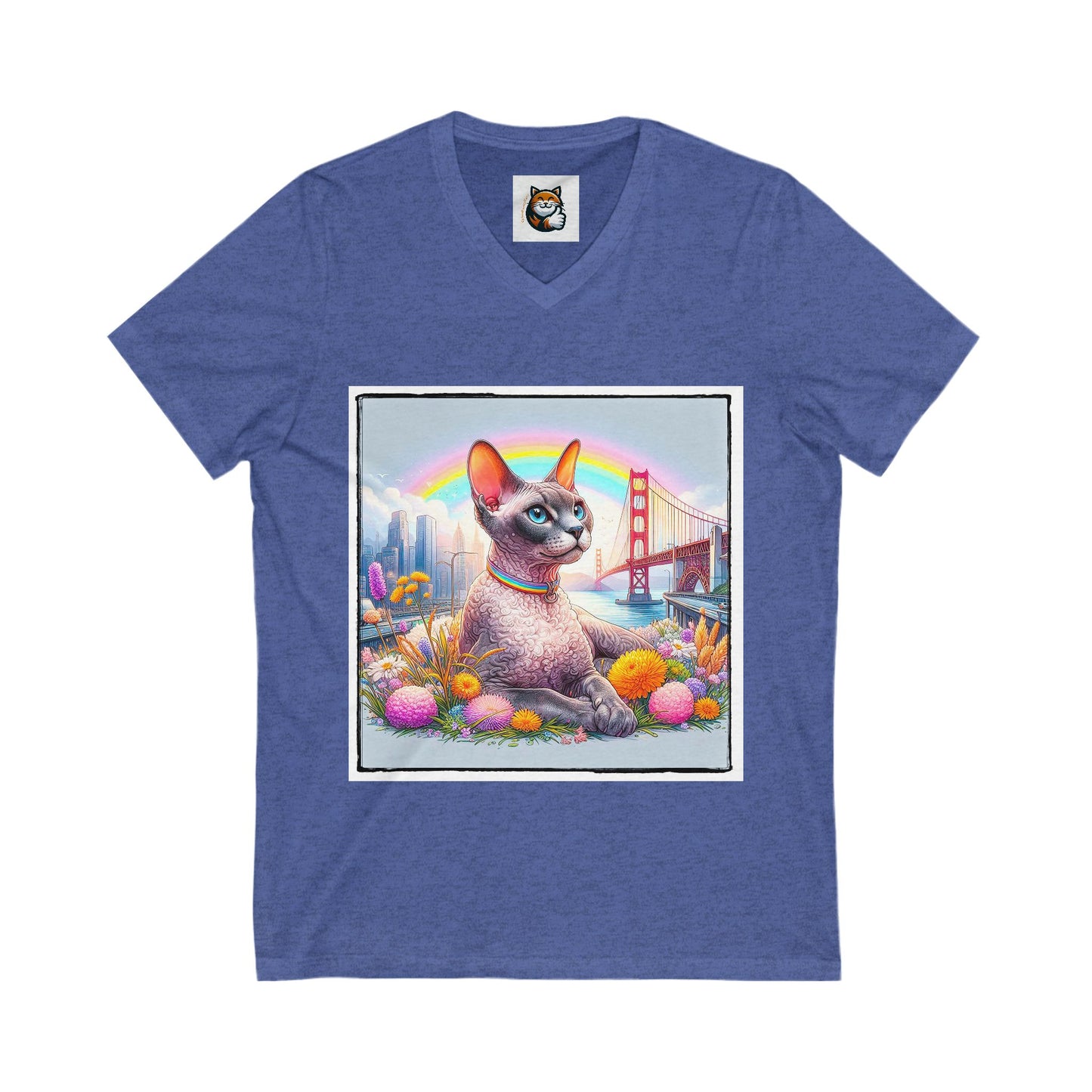 Devon Rex Cat rainbow  Jersey Short Sleeve V-Neck Tee