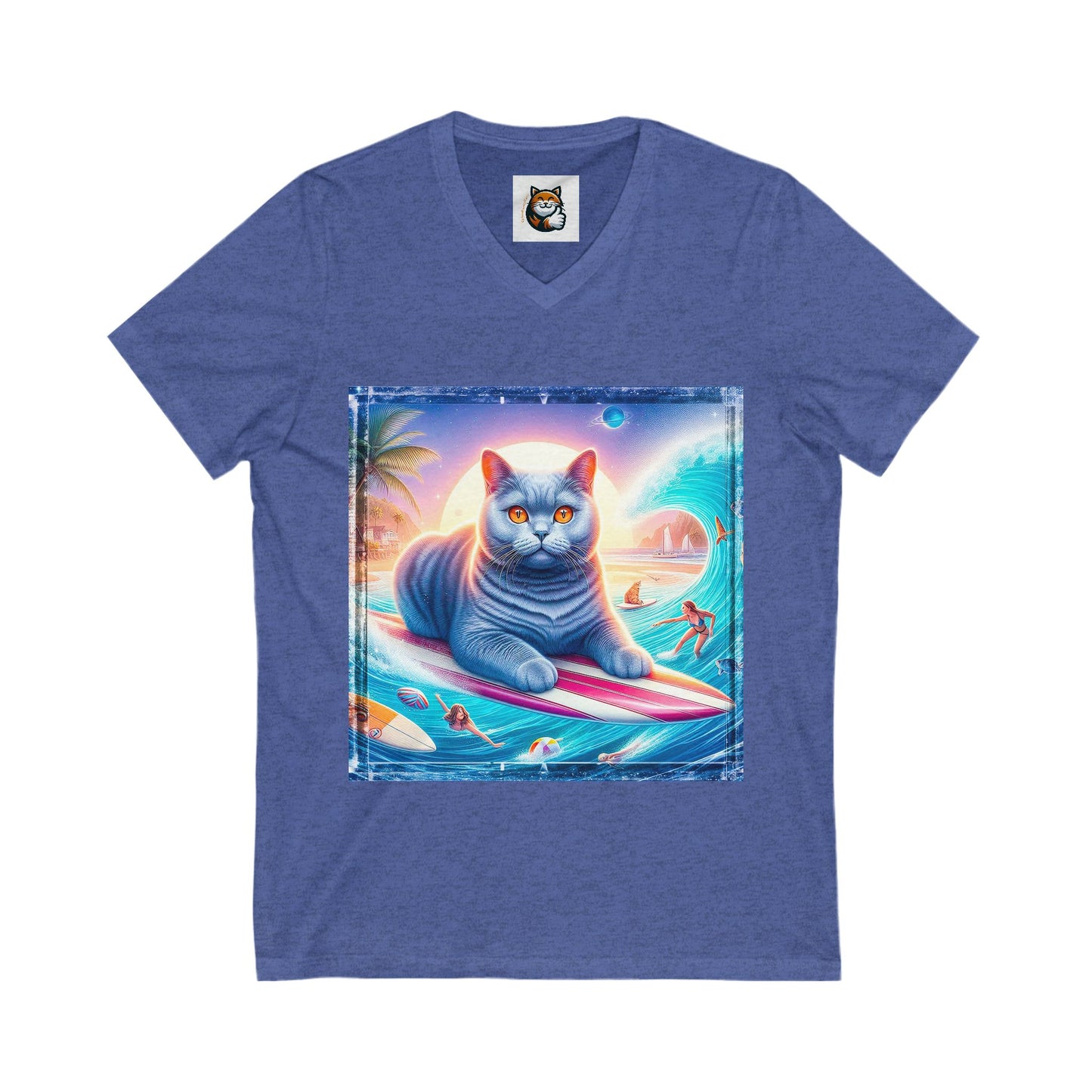 British Shorthair surfing cutie Unisex Jersey Short Sleeve V-Neck Tee
