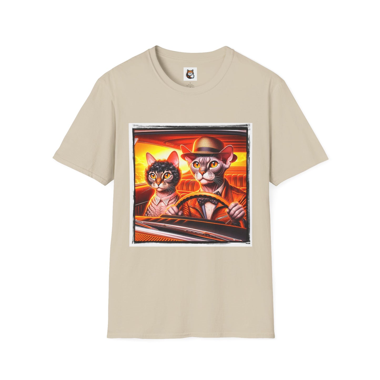 Wacky  Devon Rex couple driving  Unisex Softstyle T-Shirt