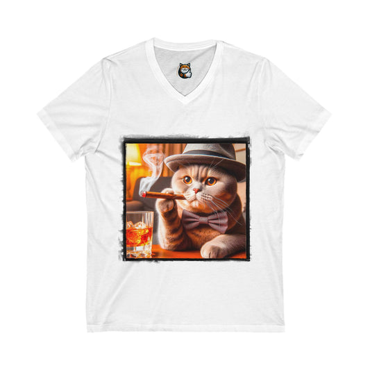British Shorthair smoking cigar  Short Sleeve V-Neck Tee