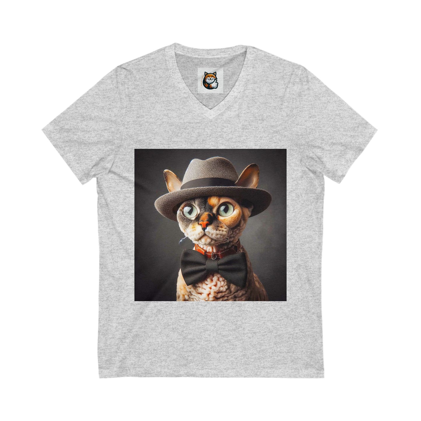 Devon Rex Cat hat and bow Jersey Short Sleeve V-Neck Tee