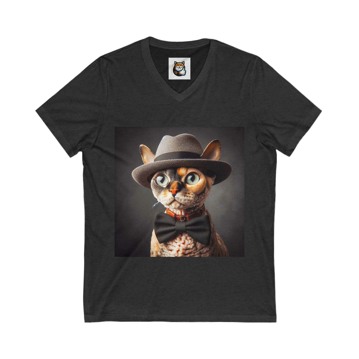 Devon Rex Cat hat and bow Jersey Short Sleeve V-Neck Tee
