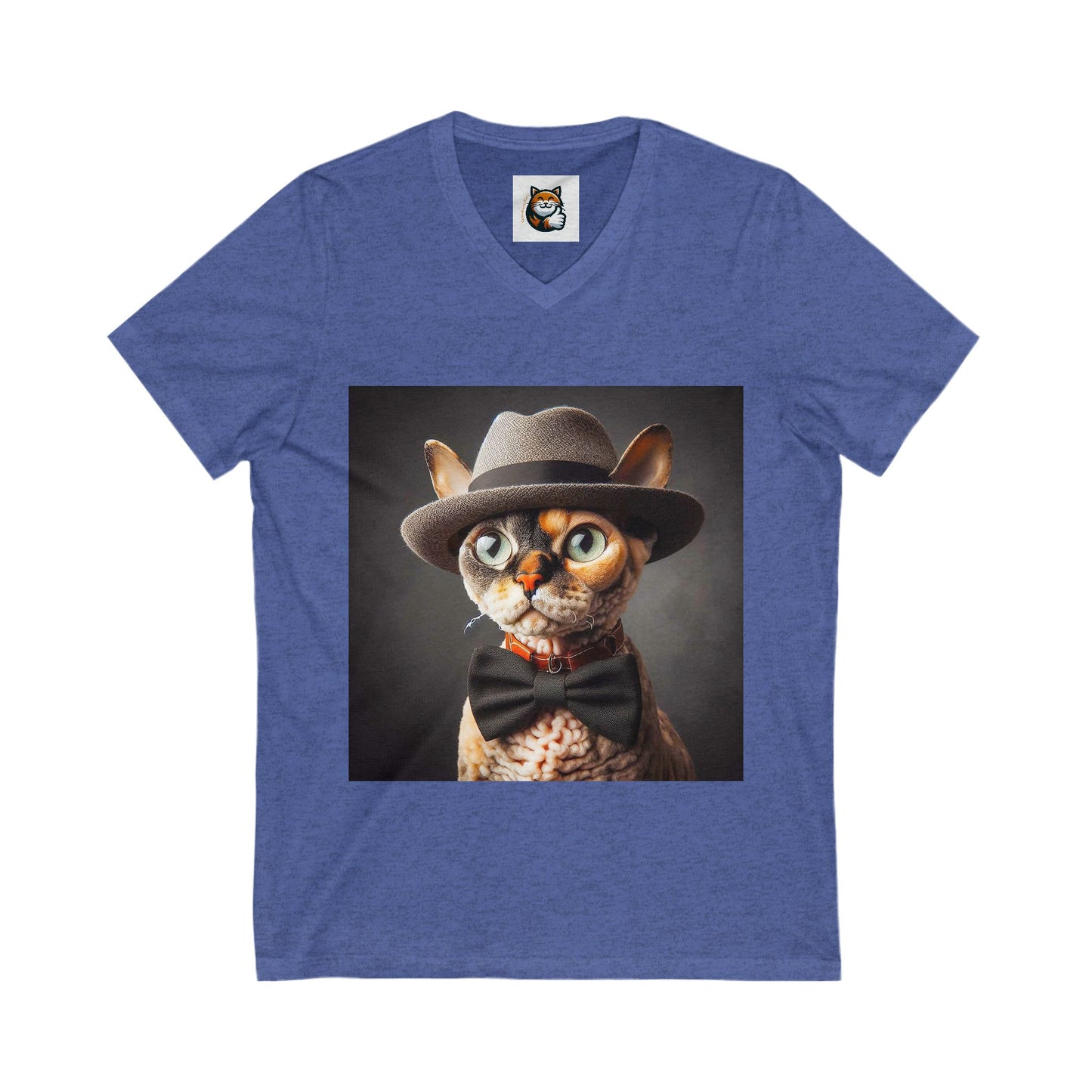 Devon Rex Cat hat and bow Jersey Short Sleeve V-Neck Tee