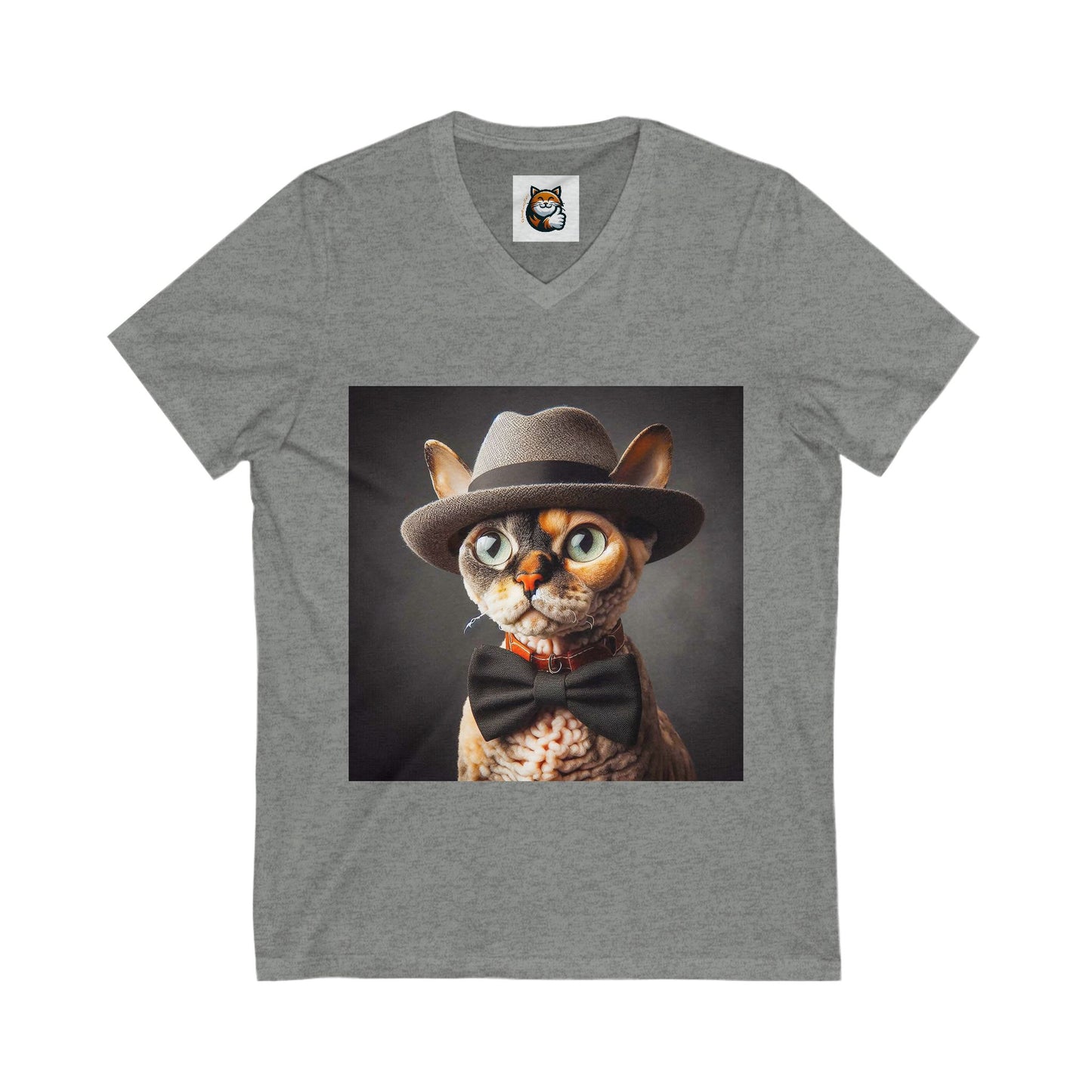 Devon Rex Cat hat and bow Jersey Short Sleeve V-Neck Tee