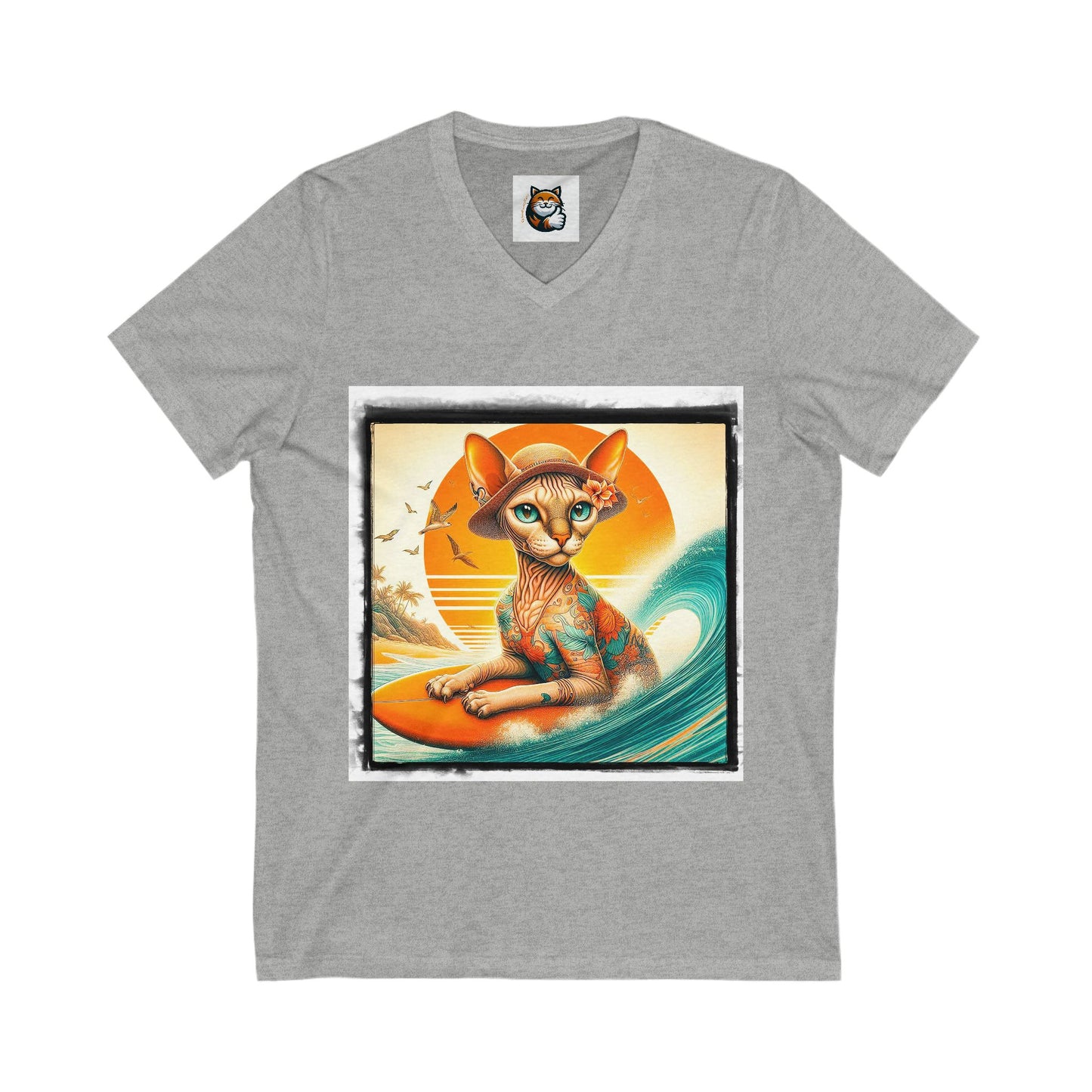 Devon Rex surfs up  Unisex Jersey Short Sleeve V-Neck Tee